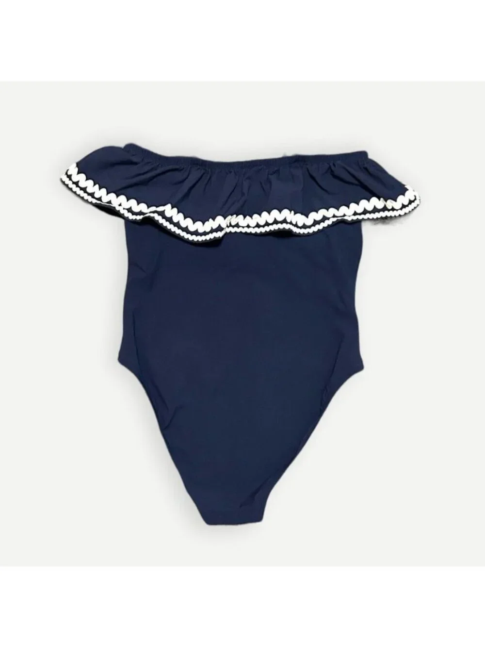 J. Crew Navy One-Shoulder Ruffle One-Piece Swimsuit with White Trim